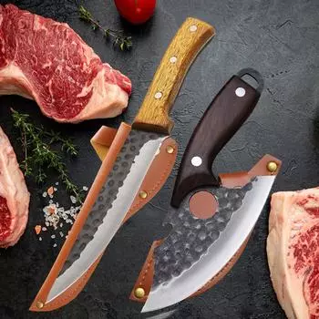 2 шт. Кухонные ножи, кованые вручную, острые, из нержавеющей стали, мясницкие ножи, обвалочный нож, бытовой многофункциональный кухонный измельчитель 2pcs knife+2 covers
