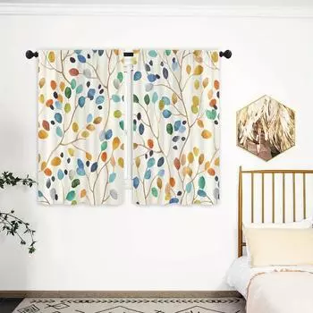 2 шт. Кухонные шторы с акварельным ботаническим рисунком - Разноцветные листьяДизайн для гостиной, спальни и кухонного домашнего декора W65X60H(cm)X2Pcs&Hook