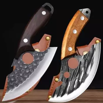 2 шт. кухонных ножа из нержавеющей стали, нож для разделки мяса, кованый поварской нож ручной работы для домашнего хозяйства, деревянная ручка, нож мясника 2PCs