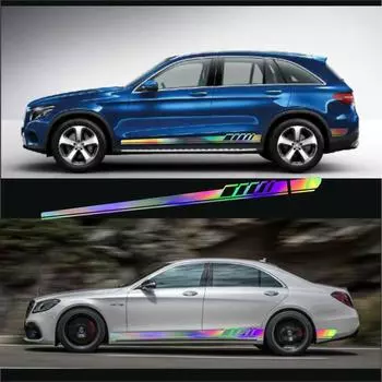 2 шт. Лазерные светоотражающие автомобильные авто графические виниловые наклейки на кузов с обеих сторон Спортивные гоночные наклейки с длинными полосами
