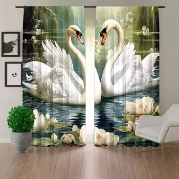 2 шт. Лебедь цифровая печать карниз для штор карманные шторы для гостиной офис домашний декор 100W130H(CM)40x51in&rod pocket
