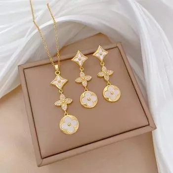 2 шт., легкий роскошный комплект из ожерелья и серег с бриллиантами Lucky Grass Shell золотой