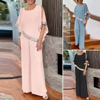 2 шт. летние наряды, женская блузка с короткими рукавами и блестками в стиле пэчворк и широкие брюки, модные костюмы XXXL