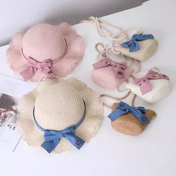 2 шт. летние пляжные шляпы для девочек с полями в виде листьев лотоса, симпатичные, прищуривающиеся, с бантом, защита от солнца для улицы, детская соломенная кепка, детская пляжная шляпа 52-54cm