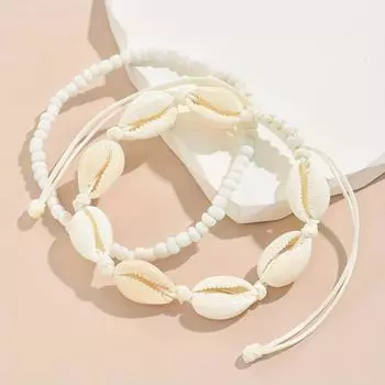 2 шт. Летний пляжный браслет на щиколотку, ручная работа, регулируемые украшения из стеклянных бусин в виде ракушек для мужчин и женщин, складные аксессуары для отдыха в стиле бохо белый