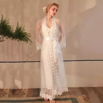 2 шт., летний сетчатый прозрачный сексуальный женский кружевной халат с длинными рукавами, комплект ночной рубашки L Robe*1 белый