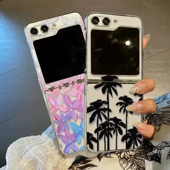 2 шт., летний складной чехол с цветочным рисунком кокосовой пальмы для Samsung Galaxy Z Flip5 Flip4 Flip3, прозрачный жесткий чехол для ПК Samsung Z Flip5 синий