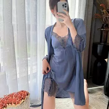 2 шт., летняя ночная рубашка с кружевными манжетами, сексуальный женский халат с длинными рукавами, комплект ночной рубашки XL белый