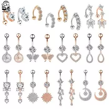2 шт./лот бабочка циркон подвесной пирсинг живота сексуальный обратный бар цветок сердце пупок кольца для женщин пупочное кольцо розового золота