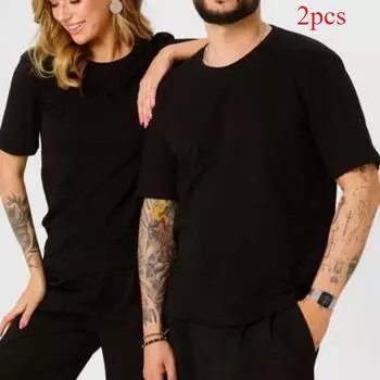 2 шт./лот короткий рукав однотонный для женщин и мужчин летняя футболка с круглым вырезом M