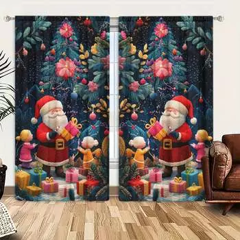 2 шт. М-вышитые занавески с принтом «Санта-Клаус дарит подарки» для рождественского декора дома — карманные шторы для окон в спальню, офис 52.5cmX116cm X 2pcs
