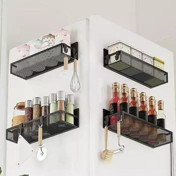 2 шт. Магнитная полка для специй на холодильник, прочная несущая способность, стальная конструкция, кухонный органайзер, банки, закуски, банки, настенная магнитная полка 1 Set