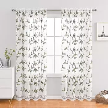 2 шт., марлевая занавеска, занавеска с виноградными листьями, вышитая марля, оконная ширма, вуаль, эркер, балкон, песочная занавеска, белая прозрачная марля с вышивкой 100*200 2pcs зелёный