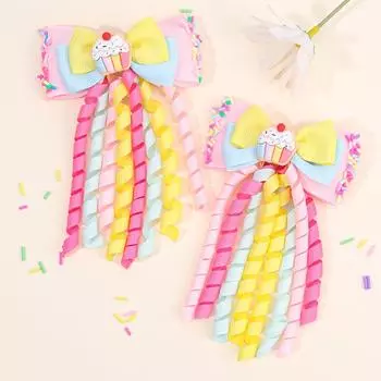 2 шт. Милая десертная заколка для волос с кисточкой из ленты и кудрявым бантом для девочек, заколка-автомат для хвостика, детские школьные аксессуары для головного убора