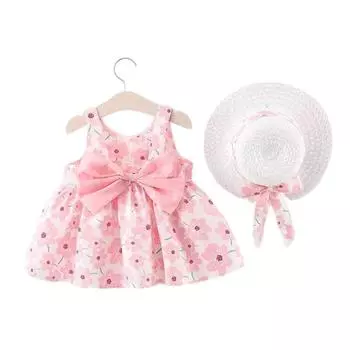 2 шт., милая летняя одежда, пляжные платья для маленьких девочек, повседневный модный принт, милое платье принцессы с бантом и цветком + шапка, комплект одежды для новорожденных 12 красный