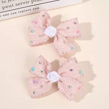 2 шт. Милая заколка для волос с цветком и бантом, корейские однотонные заколки-невидимки со стразами в виде розы, боковые заколки для волос для девочек, детские аксессуары для головных уборов