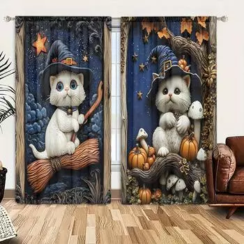 2 шт. Милая занавеска с рисунком кошки, ведьмы, метлы и тыквы для домашнего декора - карманная штора для украшения окна на Хэллоуин 52.5cmX116cm X 2pcs