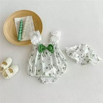 2 шт., милое зеленое боди с цветочным принтом для маленьких девочек и шляпа, цельная одежда без рукавов для маленьких девочек, одежда для малышей 0–2 лет 66