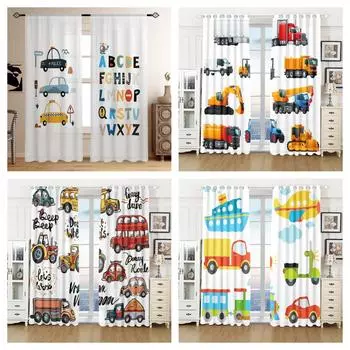 2 шт. Милые мультяшные машинки с английскими буквами для детей и мальчиков, шторы для окон, для спальни, офиса, кухни, гостиной, кабинета, домашнего декора W50 X H130(CM)X2&Hook