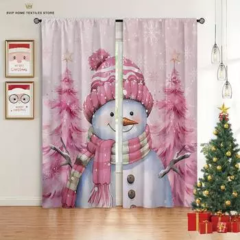 2 шт. Милые розовые шторы со снеговиком на 3D-принте для спальни, столовой, украшения для рождественской вечеринки, шторы, легко стирать и ухаживать W50X130H(CM)X2PCS&Grommet Top
