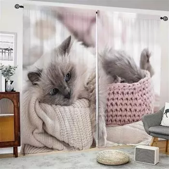 2 шт. Милые шторы с рисунком котенка, 2 панели, роскошные шторы на окна с изображением кота, гостиная, спальня, элегантный декор 2x50W130H(CM)40x51in&Hook