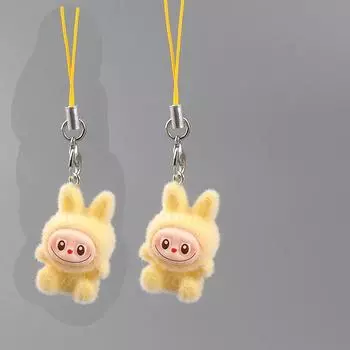 2 шт. Милый кулон для рюкзака, флокированный кролик Лабубу, цепочка для телефона, брелок, шнурок для подвешивания чехла для наушников, ремешок против потери, декор для сумки жёлтый