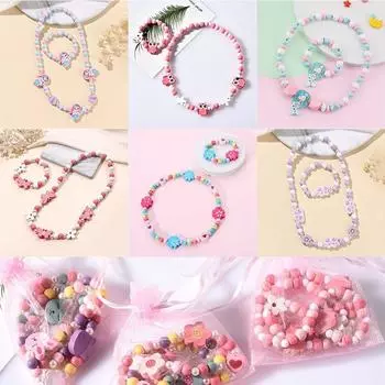 2 шт., милый мультяшный браслет, комплект ювелирных изделий, браслеты для девочек, детское ожерелье, ожерелье из деревянных бусин E
