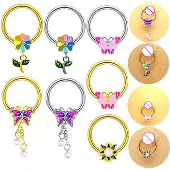 2 шт. модное и элегантное кольцо на грудь с бабочкой, кольцо на грудь, маленькое кольцо с цветком и солнцем, закрытое кольцо, ювелирные изделия для пирсинга