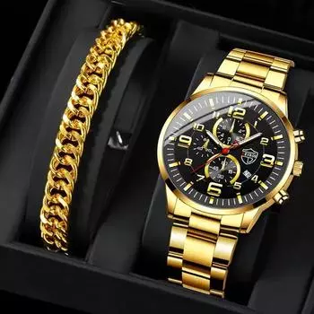 2 шт. модные мужские часы с календарем роскошные мужские кварцевые наручные часы из нержавеющей стали светящиеся часы мужские наручные часы с браслетом