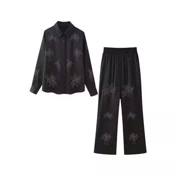 2 шт. Модные рубашки Топ с вышивкой бисером Длинные брюки Наборы для женщин Одежда больших размеров L белый