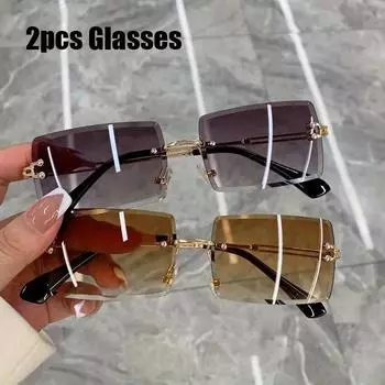 2 шт. модные женские прямоугольные солнцезащитные очки без оправы квадратные винтажные стеклянные роскошные очки унисекс в ретро-оправе с градиентом очки для путешествий
