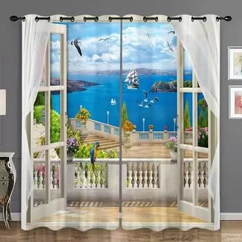 2 шт. Морской балкон архитектурный пейзаж полузатеняющий принт занавеска для гостиной спальни ванной комнаты украшение дома люверс верхний 100W130H(CM)40x51in&rod pocket
