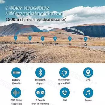 2 шт. мотоциклетная гарнитура Bluetooth5.1 для шлема, интерком для мотоцикла на 6 мотоциклистов, водонепроницаемая, IPX7, MP3, аксессуары для мотоцикла