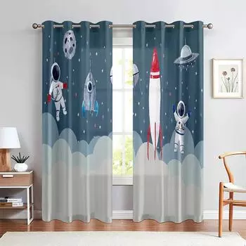 2 шт. Мультфильм Космонавт Астронавт Милые Шторы,Мальчики Девочки Комната Небесная Ракета Планета Шторы для Спальни Гостиной Окна Декор W50xH130(CM)x2pcs&Hook