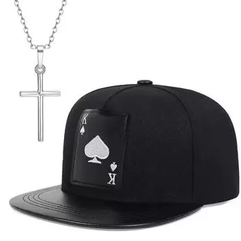 2 шт. Мужская и женская кепка в стиле хип-хоп с вышитыми плоскими полями и игральными картами, модная кепка с утиным язычком, комплект с подвеской в виде креста и колье, спортивная бейсболка чёрный