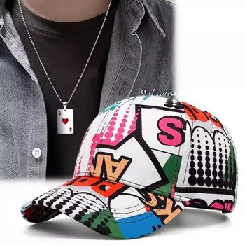 2 шт. Мужская и женская модная хлопковая кепка с кепкой в стиле хип-хоп, спортивная кепка с подвеской в виде покера, комплект с ожерельем для отдыха пары, кепка с граффити и утиным язычком белый