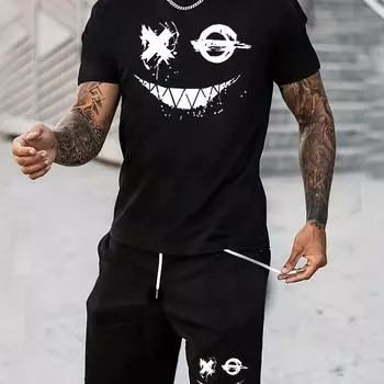 2 шт., мужская повседневная футболка с круглым вырезом и короткими рукавами с принтом улыбки и шорты на шнурке - мягкая, слегка эластичная ткань, L