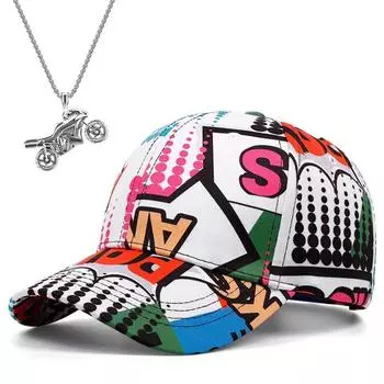 2 шт. Мужская женская бейсболка с граффити в стиле хип-хоп, байкерская подвеска, ожерелье, комплект, модная повседневная спортивная кепка, пара сотен подходящих кепок с утиным язычком белый