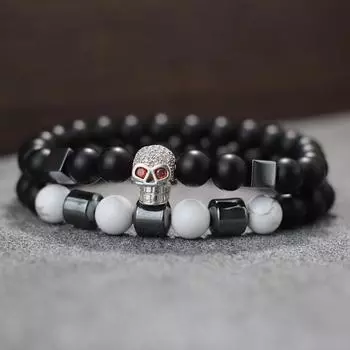 2 шт. мужской браслет с черепом, натуральный гематит, бирюзовый, оникс, бисерный браслет, хип-хоп, рок, езда, мужской браслет для защиты запястья, аксессуары чёрный