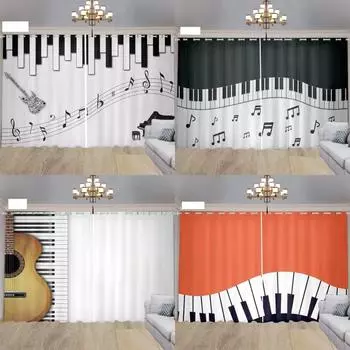2 шт. музыкальная сцена электрогитара пианино белый черный дизайн клавиш солнцезащитные шторы гостиная спальня домашний декор тонкие шторы 100W130H(CM)40x51in&rod pocket