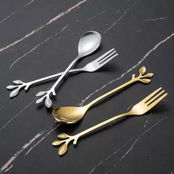 2 шт./набор 12 см вилка-ложка в форме листа из нержавеющей стали набор столовых приборов фруктовый десерт торт вилка для размешивания кофе ложка для мороженого золотой
