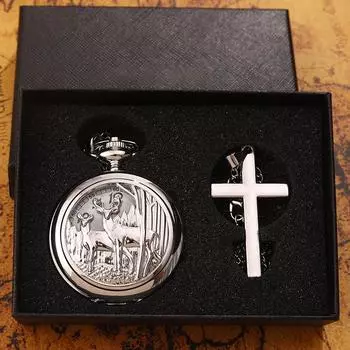 2 шт./набор, 1 шт. модные мужские серебристые кварцевые карманные часы и 1 шт. винтажное классическое серебристое ожерелье с крестом, идеальный выбор для подарков