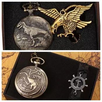 2 шт./набор, 1 шт. мужские модные классические изысканные карманные часы с узорами динозавров и 1 шт. модное ожерелье или браслет, идеальный подарок для друзей 2pcs/set A