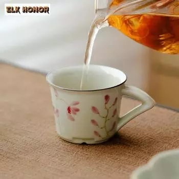 2 шт./набор, чистая, расписанная вручную, ручка в виде персикового цветка, ретро, трава, дерево, серая, мастер-чашка, женская персональная чашка, чайный сервиз в стиле кунг-фу, 55 мл 7.8X4.2CM 55ML