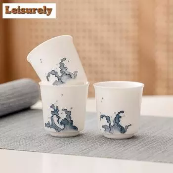 2 шт./набор фарфоровых чашек Dehua Sheep Fat Jade с волнистым узором, мастер-чашка, маленькая чашка для медитации, чайный сервиз для кунг-фу, посуда для напитков 25 мл