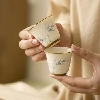 2 шт./набор из чистого бамбука, расписанного вручную, хурма, мастер-чашка, бытовая чашка, одинарные чашки, кружки, пахнущие чаши для чая, чайные принадлежности, орнамент 45 мл 200ml