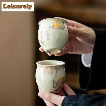 2 шт./набор керамическая чашка для чая Cream Ru Kiln, китайская золотая рыбка, кои, мастер-чаша, дегустационная чашка для чая с яйцом, китайский чайный сервиз в стиле кунг-фу, 90 мл