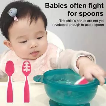 2 шт., набор ложек для обучения еде для малышей от 6 месяцев, привлекательные цвета, портативные безопасные принадлежности для самостоятельного кормления из ТПЭ для BLW, обучающая посуда для малышей