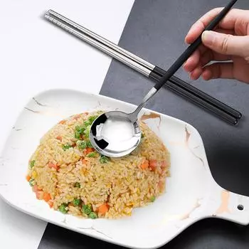 2 шт. Набор палочек для еды из нержавеющей стали, ложки, длинные ручки, плоские нескользящие палочки для еды, десертные ложки, набор столовых приборов