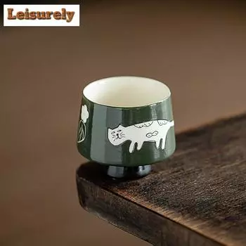 2 шт./набор японских чашек Powder Yin Olive Green, расписанных вручную, с изображением кота и нефрита, стоящих на подставке, маленькая одинарная кружка Master Cup, чайный сервиз Kung Fu 60 мл
